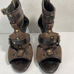 ASH “Enya” Womens High Ankle Heel Buckle Brown and Gold Size 8 (38) Combat Sexy